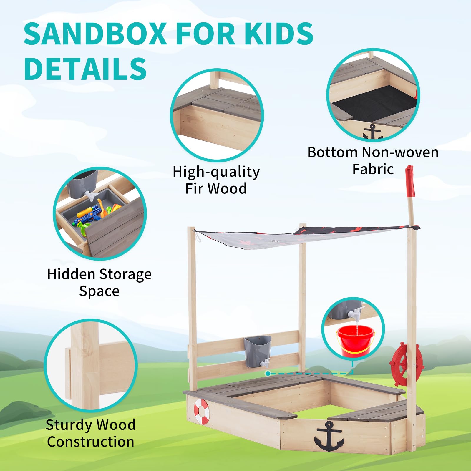 Pirate Ship Kids Sandbox with Cover, Wooden Sandbox with Storage Bench, Seat, Sink, Outdoor Sand Box for Backyard Garden, Kids Sand Boxes for Aged 3-8 Years Old, Children Playset Sandpit (Lig - WoodArtSupply