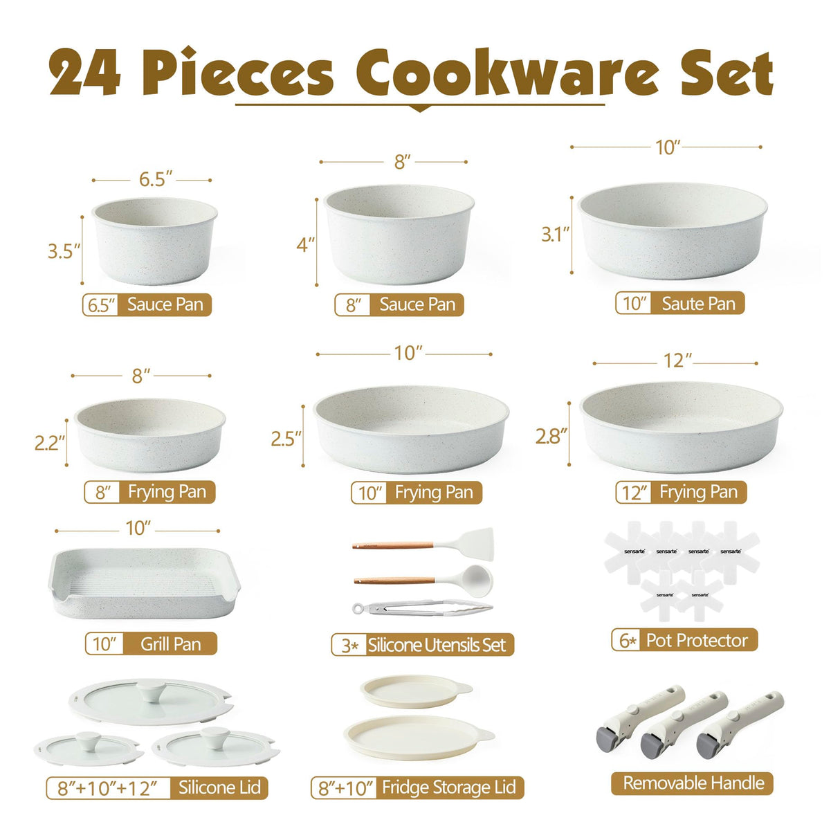SENSARTE 24 Piece Pots and Pans Set, Nonstick Detachable Handle Cookware, Induction Kitchen Cookware Set with Removable Handle, Healthy Non Stick RV Cookware, Dishwasher ＆ Oven Safe, PFOA Free (White) SENSARTE