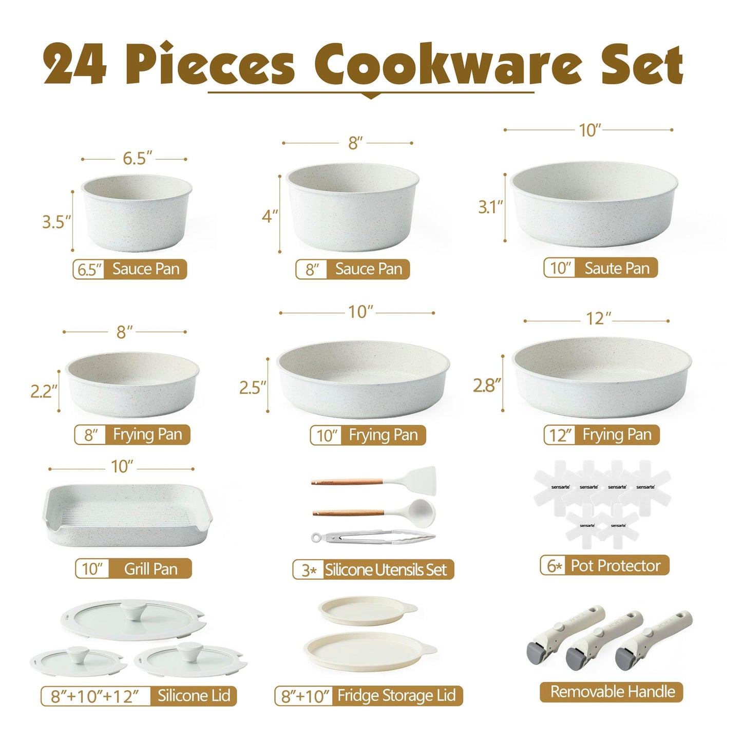 SENSARTE 24 Piece Pots and Pans Set, Nonstick Detachable Handle Cookware, Induction Kitchen Cookware Set with Removable Handle, Healthy Non Stick RV Cookware, Dishwasher ＆ Oven Safe, PFOA Free (White)