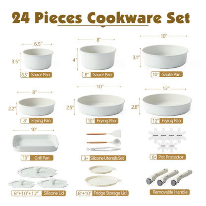 SENSARTE 24 Piece Pots and Pans Set, Nonstick Detachable Handle Cookware, Induction Kitchen Cookware Set with Removable Handle, Healthy Non Stick RV Cookware, Dishwasher ＆ Oven Safe, PFOA Free (White)