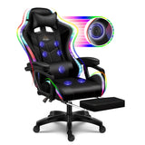 LED Gaming Chair with Speakers, Seven-points Massage Computer Chair with Footrest,Ergonomic Racing Office Chair PU Leather Recliner 360°Swivel Gamer Chair with Lumbar Support Headrest Armrest,Black XNSHUNHOYN
