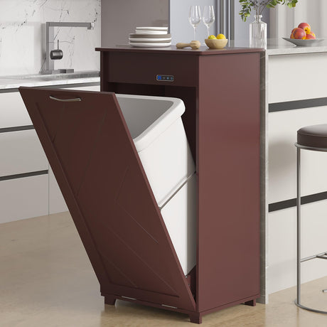 VECELO Tilt Out Kitchen Trash Bin Cabinet, Dog Proof Garbage Can with Wood Holder Free Standing Recycling, Brown VECELO