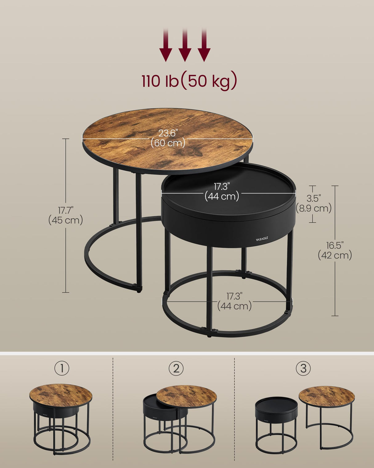 VASAGLE Round Coffee Tables, Set of 2 Nesting Tables, Modern Round Side Tables with Hidden Storage and Top Tray, for Living Room, Bedroom, Office, Rustic Brown and Ink Black ULCT044K01 VASAGLE