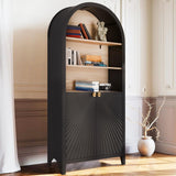 HIUU Tall Arched Bookcase,Rounded 5 Tier Bookshelf Wooden,Arched Kitchen Pantry Cabinet,Black Display Cabinet,Mid-Century Modern Book Case with Door,Black HIUU