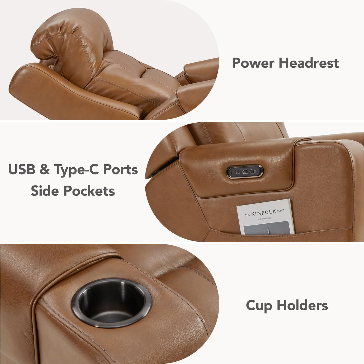 Watson & Whitely Genuine Leather Power Recliner Chairs for Adults, Lay Flat Recliner with Power Headrest, USB Ports and Cup Holders, Electric Reclining Chair for Living Room, Bedroom, Saddle Brown Watson & Whitely