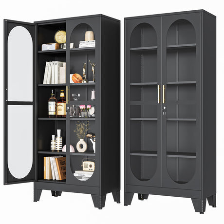 PAOFIN 71" H Locking Display Cabinet with Glass Door, Metal Curio Cabinets with 4 Adjustable Shelves, Tall Liquor Cabinet Display Case for Living Room, Collectibles, Home - Assembly Required Black PAOFIN