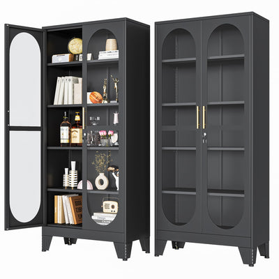 PAOFIN 71" H Locking Display Cabinet with Glass Door, Metal Curio Cabinets with 4 Adjustable Shelves, Tall Liquor Cabinet Display Case for Living Room, Collectibles, Home - Assembly Required Black