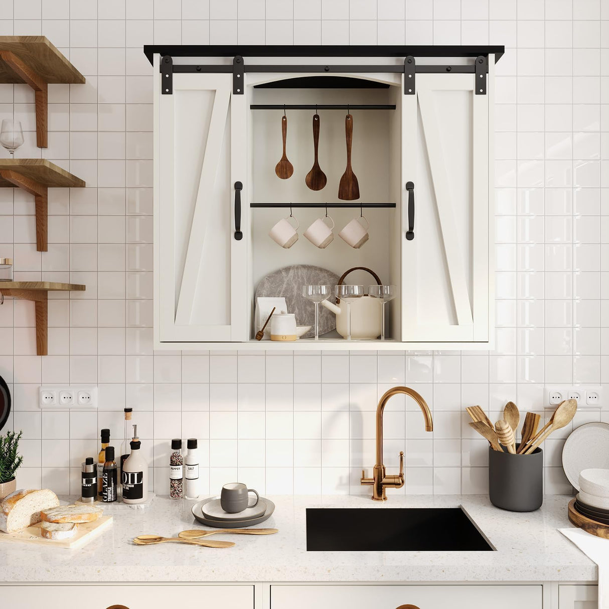 4ever2buy Farmhouse Coffee Bar with Storage, 31.5 Inch Floating Kitchen Wall Cabinet with 6 Hooks for Wall, Wall Mount Cabinet with Barn Door for Living Room, White Kitchen Wall Cabinet 4ever2buy