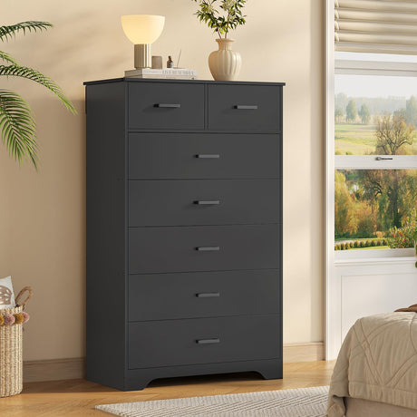 DICTAC Black Dresser for Bedroom with 7 Drawers, 55.7" Tall Dresser Chest of Drawers, Modern Large Wood Storage Dresser Organizer with Metal Handle, Vertical Dresser for Bedroom, Living Room, Nursery DICTAC