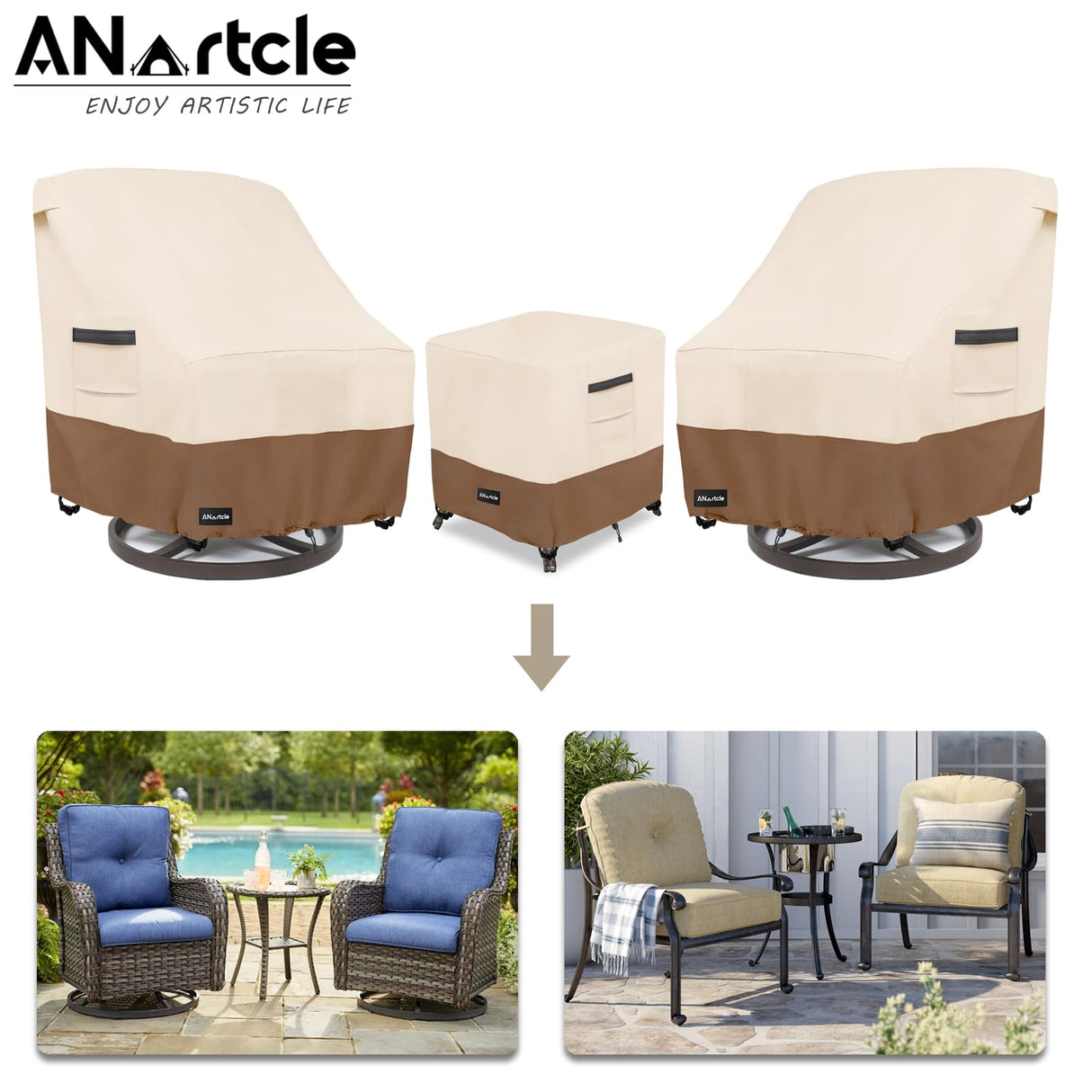 ANartcle 3 Pieces Patio Bistro Sets Cover,600D Waterproof Heavy Duty Patio Furniture Covers,Includes 2 Outdoor Swivel Chair Covers and 1 Patio Wicker Side Table Cover(Beige&Brown) ANartcle