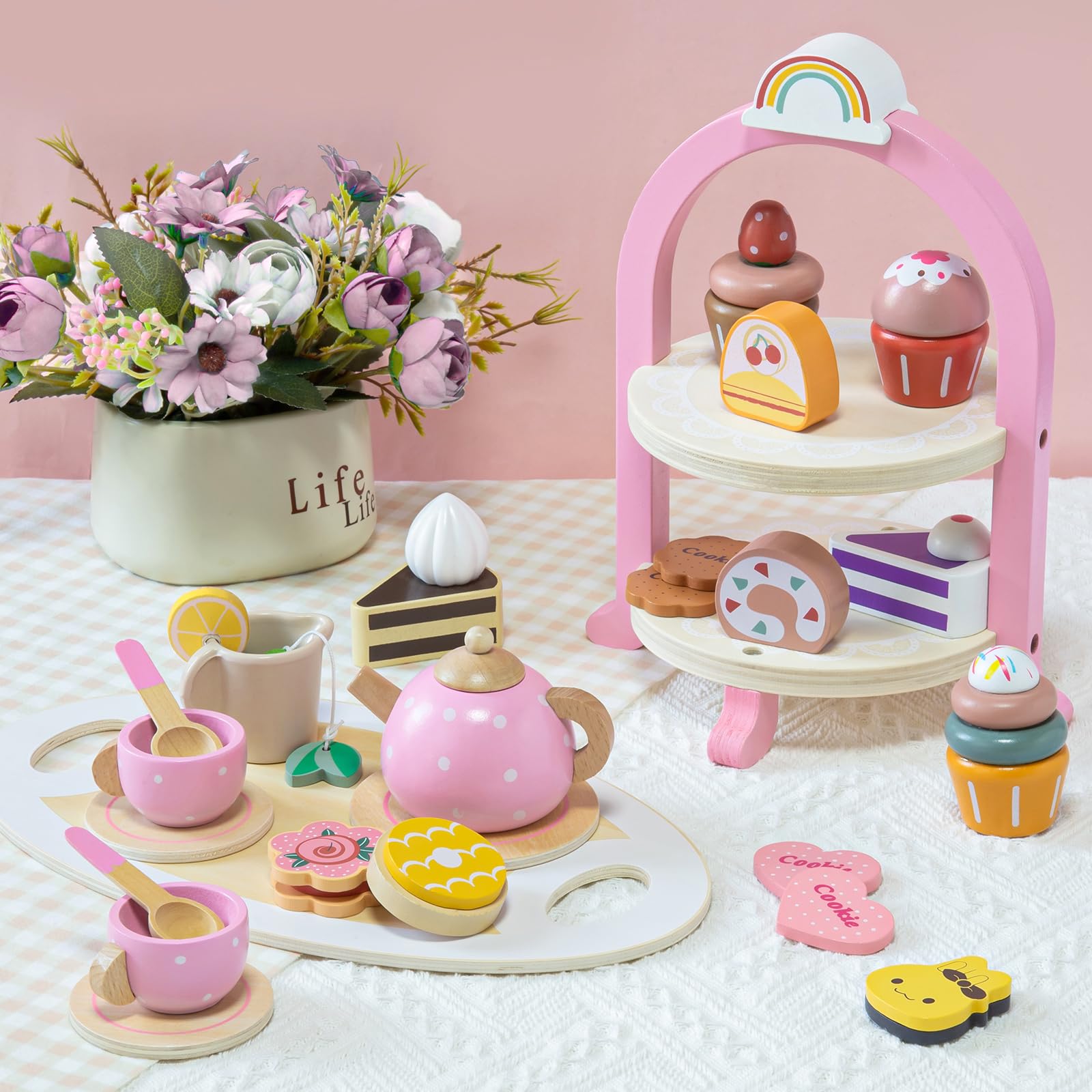 Atoylink Wooden Tea Party Set for Little Girls Toys Kids Play Kitchen Toddler Tea Set with Play Food & Cupcake Stand Pretend Play Wooden Toys for 2 3 4 5 6 Year Old Girl Christmas Birthday Gi - WoodArtSupply