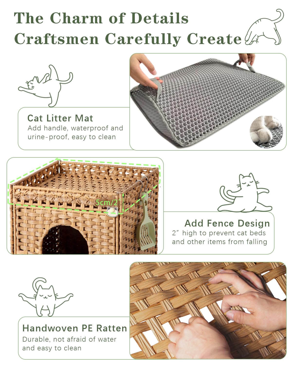 SETVSON Cat Litter Box Enclosure Furniture, Hidden Litter Box with Mat and Fence, Handwoven Rattan Cat House with Two S-Shaped Hooks for Living Room, Bedroom, 18.5 x 20.5 x 19.1 Inches (Natural) SETVSON