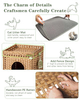 SETVSON Cat Litter Box Enclosure Furniture, Hidden Litter Box with Mat and Fence, Handwoven Rattan Cat House with Two S-Shaped Hooks for Living Room, Bedroom, 18.5 x 20.5 x 19.1 Inches (Natural) SETVSON