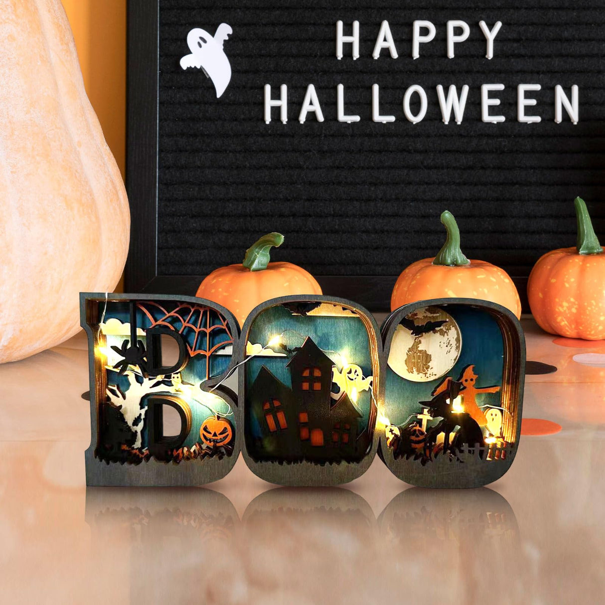 Drawelry 3D Wood Carving Lamp Home Decorative, Boo Pumpkin Lantern Jack-O-Lantern Halloween Living Room Office Decor, Christmas Warm LED Night Lights Gift for Family (Boo) Drawelry