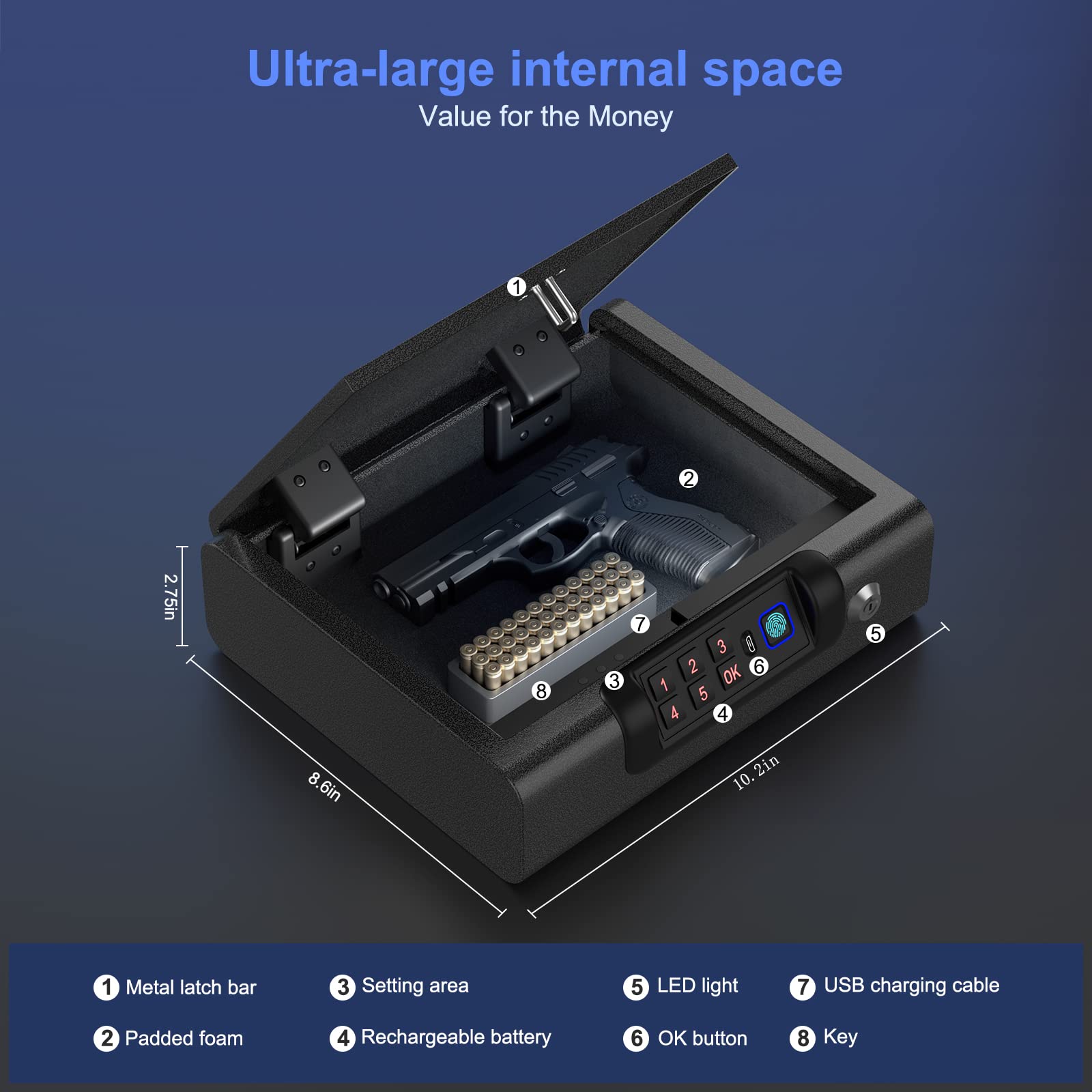 Gun Safe,Biometric Gun Safe for Pistols 3-Ways unlock Safe Fingerprint Digital PIN Key Unlock with Voice, Gun lock box for Cloakroom living room Bedroom Nightstand and Car BILLCONCH - WoodArtSupply