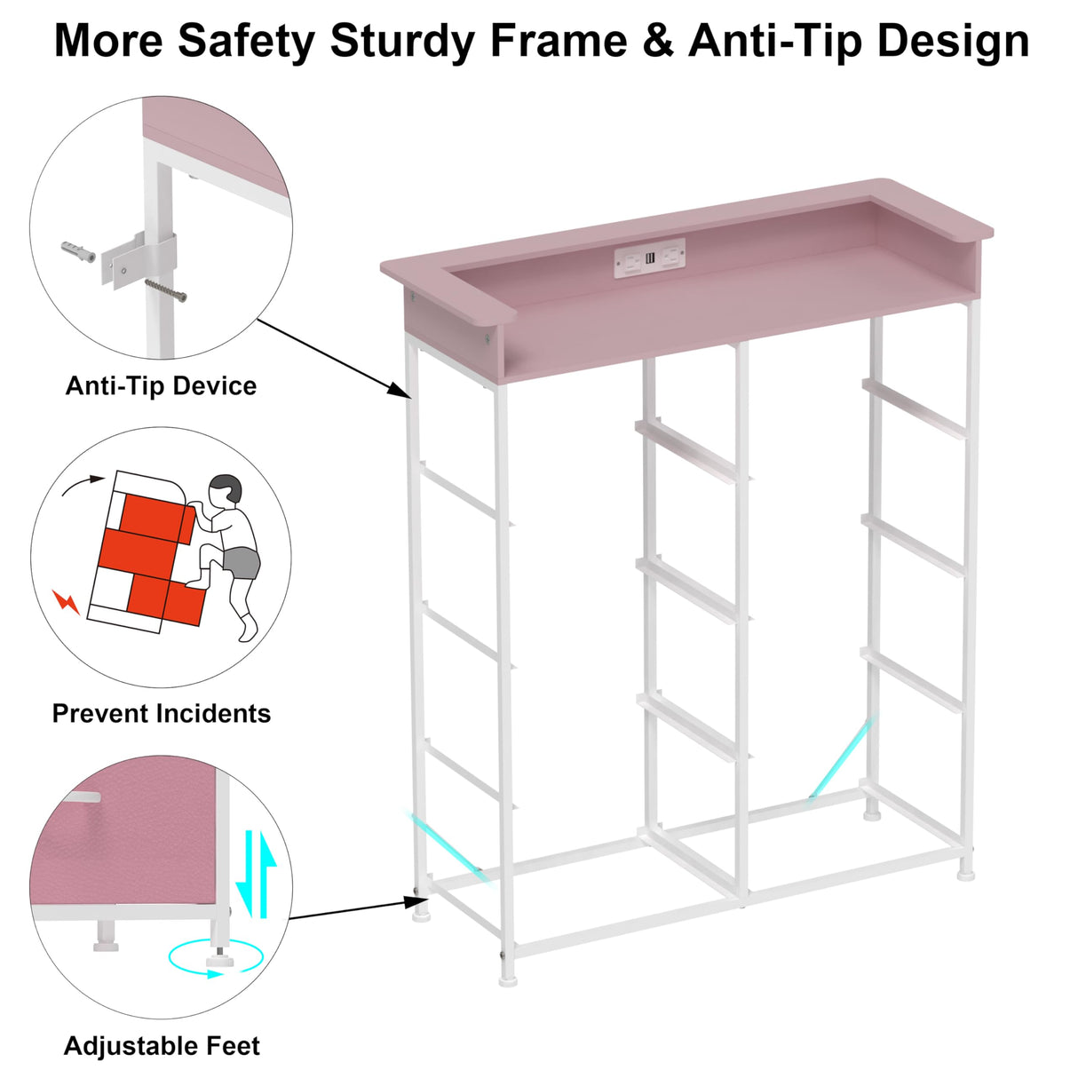 Welfuturer Pink Dresser for Bedroom with Charing Station Dressers with LED Lights Tall Dresser with 8 Drawers Storage Tower for Closet Living Room Hallway Entryway Sturdy Steel Frame Wood Top Welfuturer