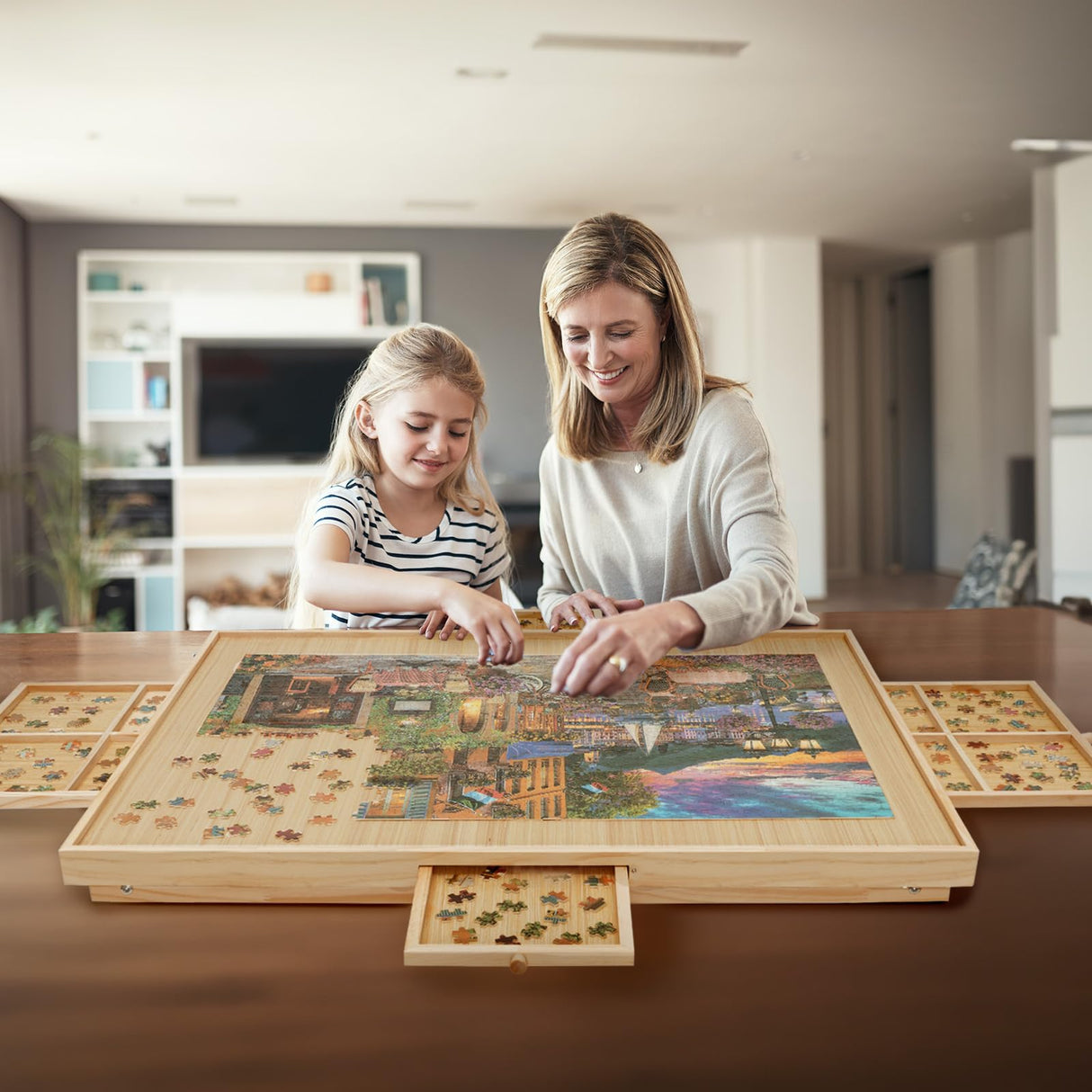 YKHALLYBEE Puzzle Table 1500 Pieces Wooden Jigsaw Puzzle Board with Legs, 34.3”x 26.5” Puzzle Board with 4 Drawers and Cover, Foldable Leg Puzzle Table for Adults Natural HALLYBEE