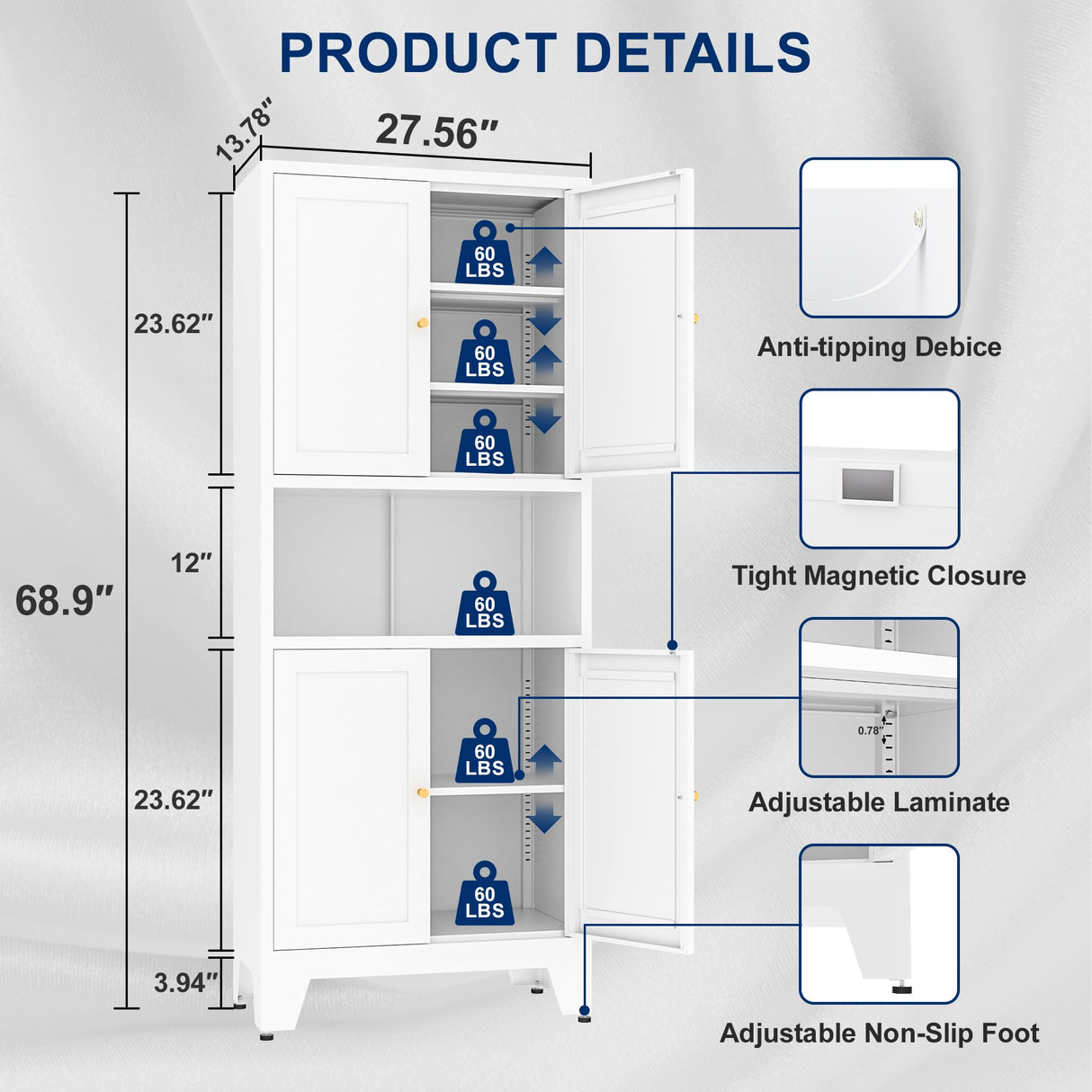 YAUWOH Metal Kitchen Pantry Storage Cabinet, Metal Freestanding Bathroom Floor Cabinetwith 4 Doors & 3 Adjustable Shelves, Metal Storage Cabinet for Bathroom, Living Room, Kitchen, Pantry, White YAUWOH