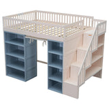 Harper & Bright Designs Full Size Loft Bed, Wooden Full Loft Bed with Stairs & Safety Guardrail, Bed Frame Full Size with Storage Bookcase and Under-Bed Play Space, White+Blue Harper & Bright Designs