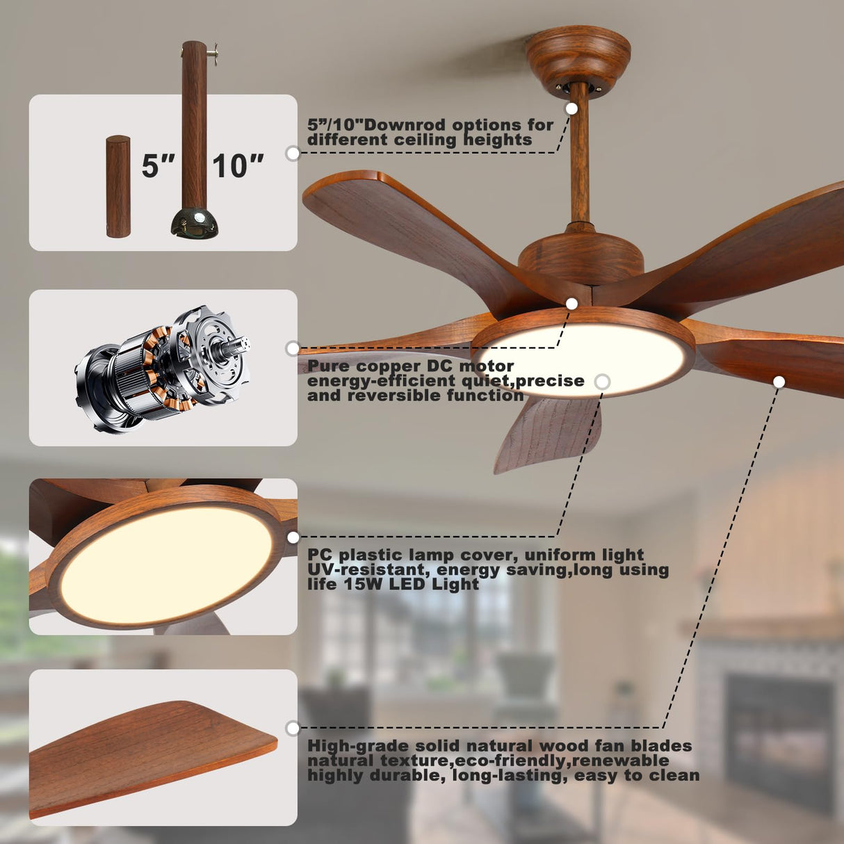 LINJO Outdoor Wood Ceiling Fan With Lights and Remote Control 5 Solid Wooden Blades 42 Inch Modern Farmhouse Ceiling Fan Light for Patios Living Room FCC Reversible DC Motor LINJO