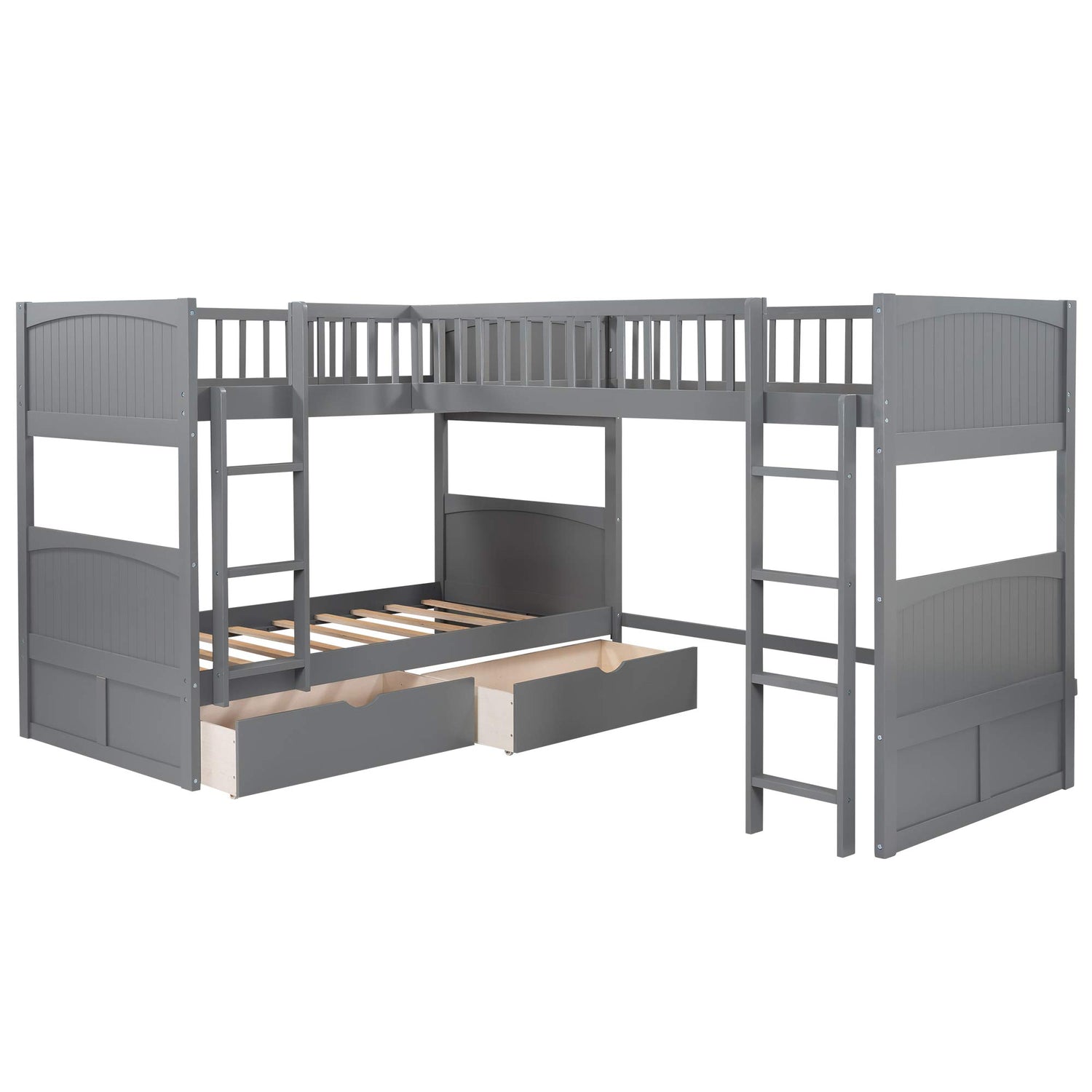 Merax Wooden Triple Bunk Bed with Loft Bed Attached, L-Shaped Bunk Bed for 3 Kids Teens Adults, Twin & Twin Over Twin Bunk Bed with Built-in Ladder, High Guardrail & Slats, No Box Spring Needed, Gray Merax