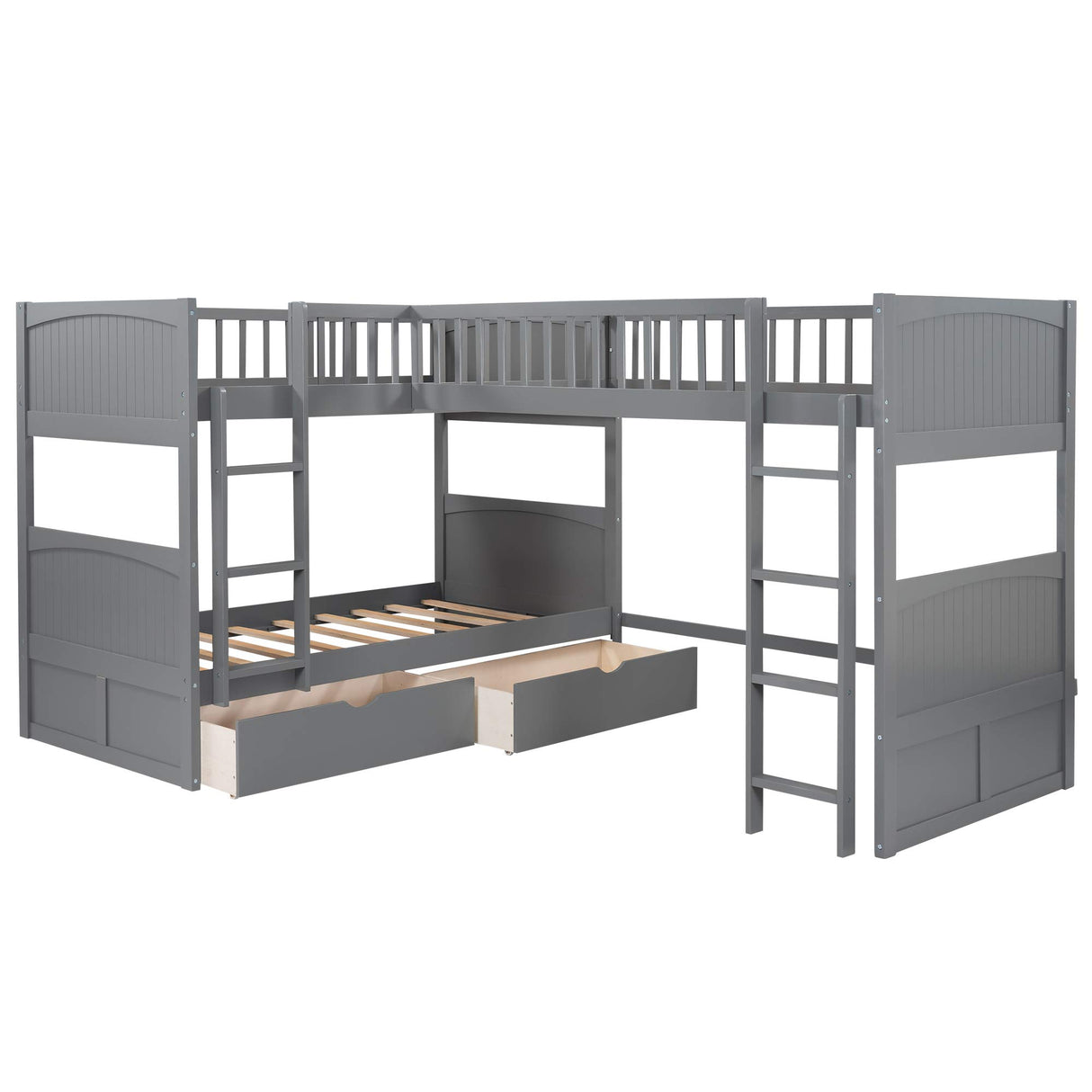 Merax Wooden Triple Bunk Bed with Loft Bed Attached, L-Shaped Bunk Bed for 3 Kids Teens Adults, Twin & Twin Over Twin Bunk Bed with Built-in Ladder, High Guardrail & Slats, No Box Spring Needed, Gray Merax