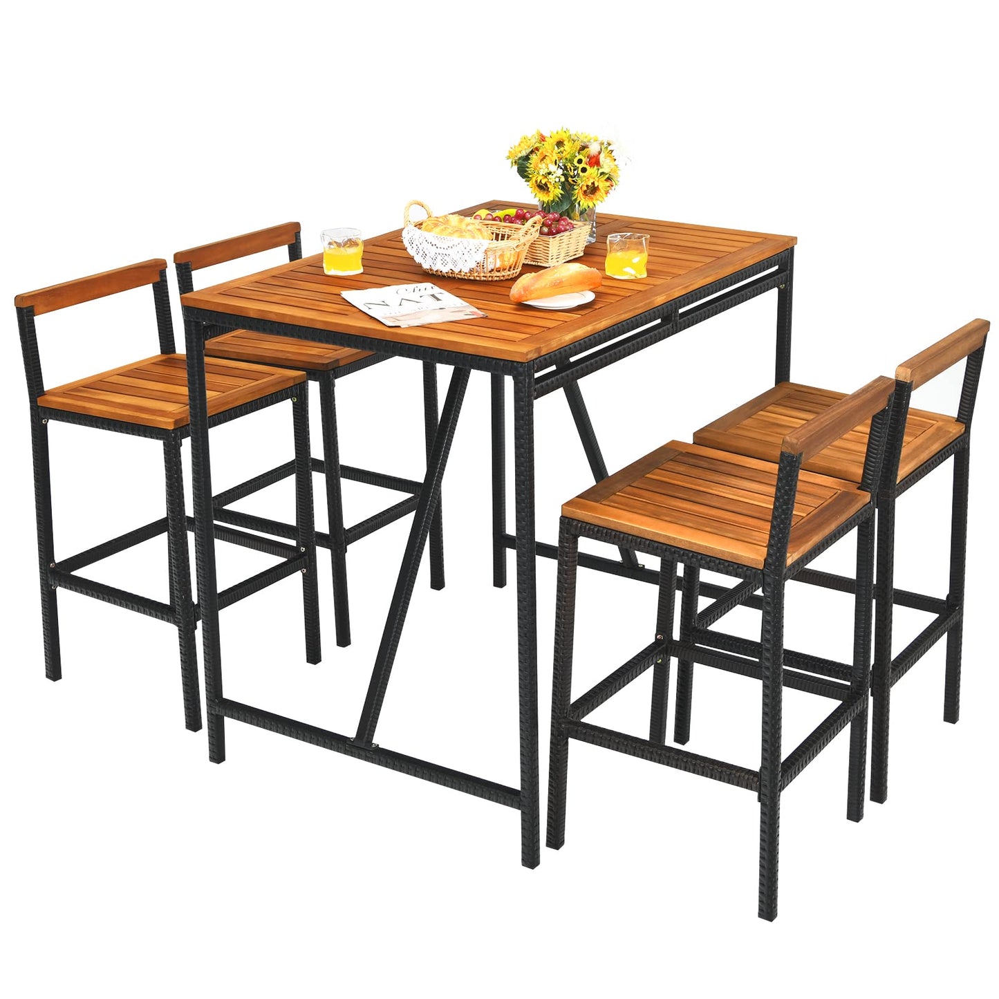 Tangkula 5-Piece Black Acacia Wood Bar Table Set with Rattan Stools and Umbrella Hole for Outdoor Spaces