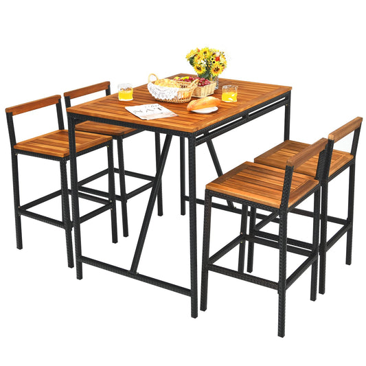 Tangkula 5-Piece Black Acacia Wood Bar Table Set with Rattan Stools and Umbrella Hole for Outdoor Spaces