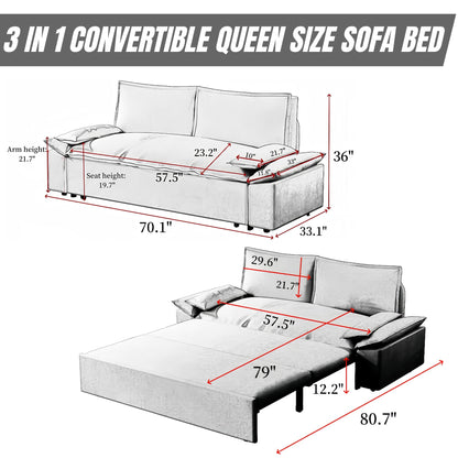 3 in 1 Convertible Queen Sleeper Sofa Bed Comfy Pull Out Futon Couch Bed 70.1" Modern Velvet Recliner Loveseat Sofa Multi-Functional Black Cloud Couch for Living Room,Apartment,Office (Gray 70.1")