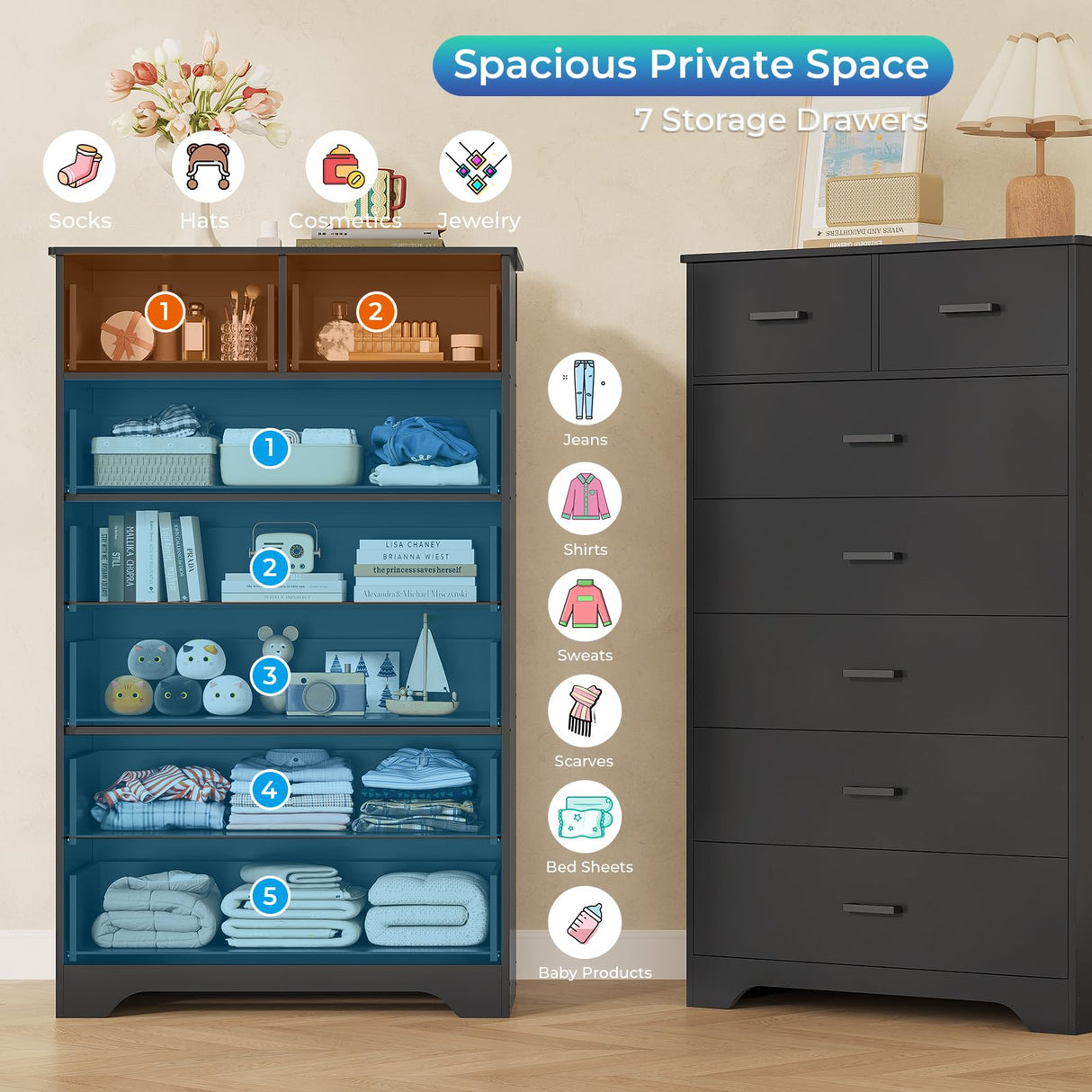 DICTAC Black Dresser for Bedroom with 7 Drawers, 55.7" Tall Dresser Chest of Drawers, Modern Large Wood Storage Dresser Organizer with Metal Handle, Vertical Dresser for Bedroom, Living Room, Nursery DICTAC