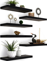 YYWUOJJ Wood Floating Shelves for Wall, Rustic Wall Shelves for Bedroom, Wall Mounted Floating Shelf, Set of 6 Black YYWUOJJ