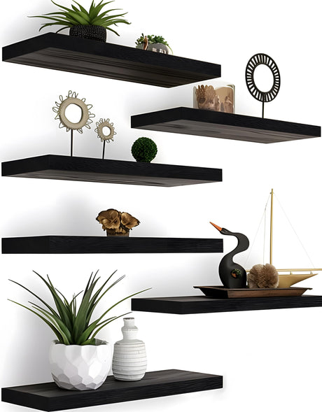 YYWUOJJ Wood Floating Shelves for Wall, Rustic Wall Shelves for Bedroom, Wall Mounted Floating Shelf, Set of 6 Black YYWUOJJ