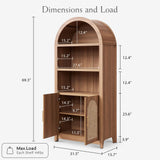 RowyPoey Rattan Arched Cabinet Bookshelf - 69.3” Tall Mid Century Display Cabinet, Rounded Bookcase with Rattan Doors, Open Shelf Storage for Dining Room (Caramel Oak, 1 PC) RowyPoey