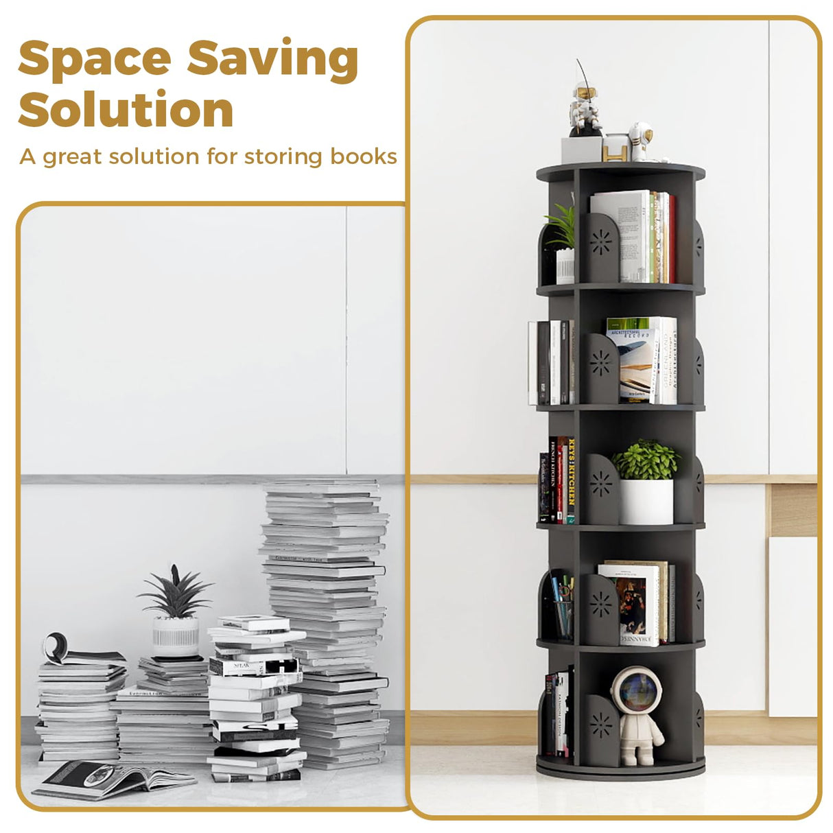 Hestiasko 5 Tier Rotating Bookshelf, 360 Rotating Bookcase, Spinning Bookshelf Tower for Kids & Adults, Corner Bookshelf for Small Space, Revolving Bookcase for Bedroom, Living Room, Black Hestiasko