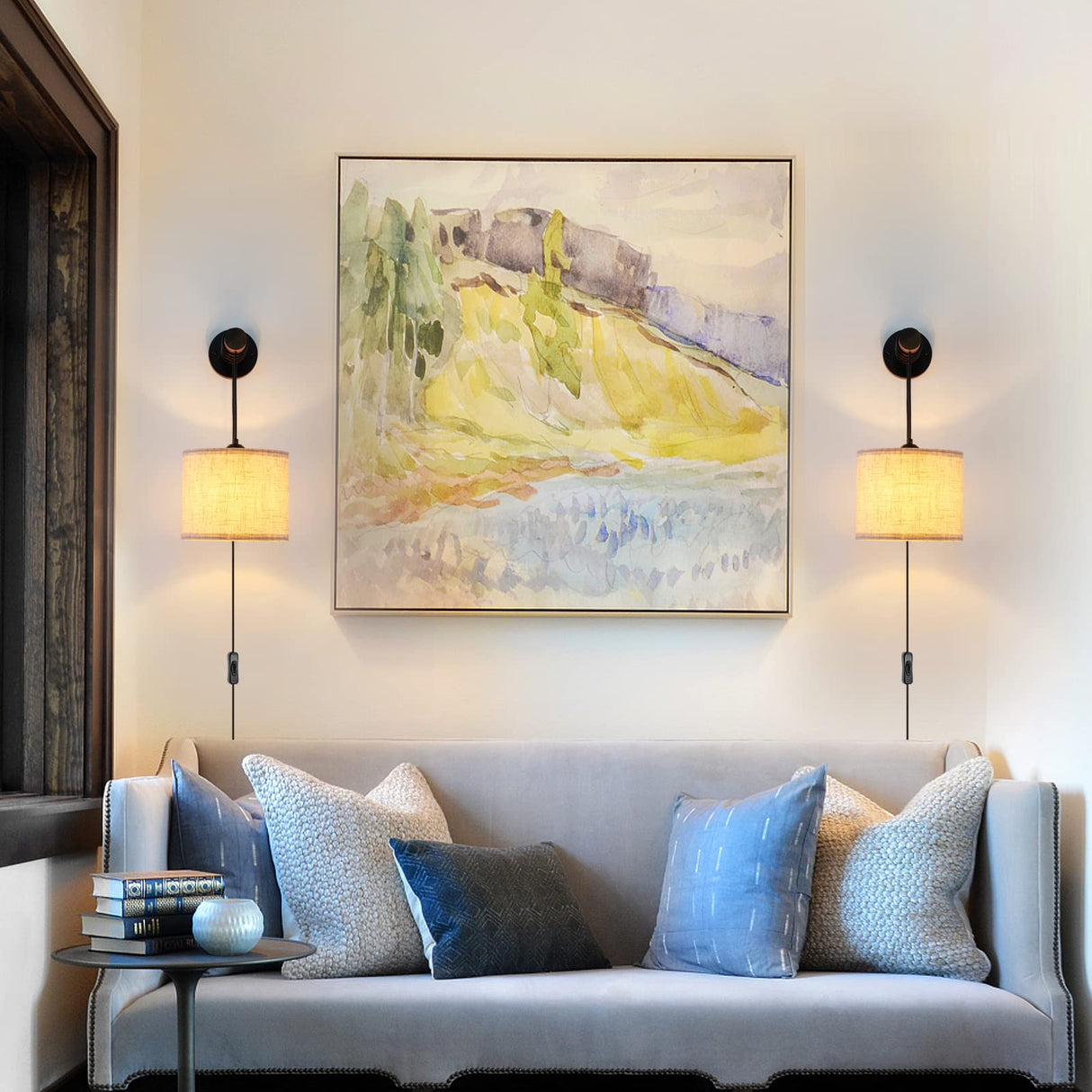 XSDeTu Wall Sconces Set of Two, Plug in Sconces Wall Lighting with Fabric Shade, Farmhouse Wall Lamps with Plug in Cord, Rustic Wall Lights with Wood Arm and On/Off Switch for Bedroom, Living Room XSDeTu