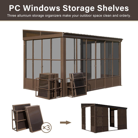 Domi 8x12FT Sun Room, Wall Mounted Gazebo Solarium with Galvanized Steel Sloping Roof, Moveable PC Screen, Front Door & 2 Side Entrance, Outdoor Aluminum Lean-to Sunroom for Patio Deck domi outdoor living