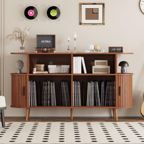 Mid Century Modern Record Player Stand with Storage - Vinyl Record Storage Cabinet & Media Console Holds 300+ Records, Turntable Stand for Bedroom Living Room (Walnut, 55.1") LMSXG-MZ