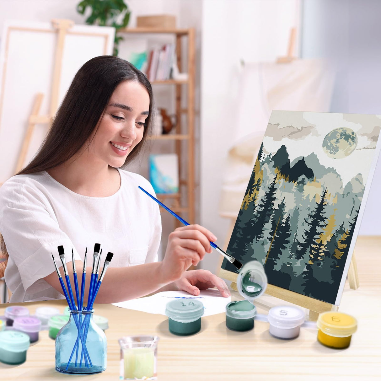 JOOZ 4 Pack Framed Paint by Numbers Kit for Adults, Mountain Sunset Paint by Number with Easel, DIY Moon Lake Adult Paint by Number Kits on Canvas, Landscape Oil Painting Kit for Home Decor 8x12 Inch JOOZ