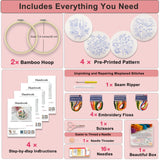 VIVIDOX 4 Sets Embroidery Kit for Beginners with Stitch Video, Flower Cross Stitch Kits for Adults, Starter, Hand Craft Lover Practice with Floral Stamped Pattern, 2 Hoops, 16 Needles, Scissors, Tools VIVIDOX