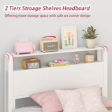 Weehom Twin Bed Frames for Kids, Twin Size Bed with 2 Tiers Wood Shelves Headboard No Box Spring Needed Easy Assembly Heavy Duty Metal Plaform, White Weehom