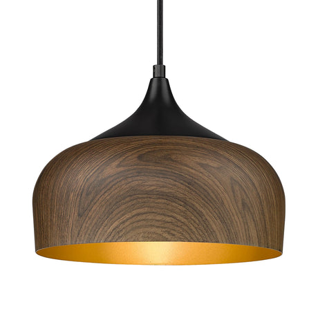 ELYONA Modern Pendant Light Walnut Wooden Pattern Dome Pendant Light Fixture Matte Black Metal Gold Inner Finish Adjustable Hanging Lighting for Kitchen Island Dining Room Office Hallway Foyer Bedroom ELYONA