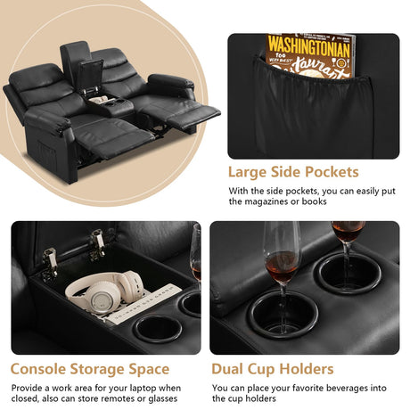 ZRNINR Loveseat Reclining Sofa, Home Theater Seating with Center Console, RV Recliner Sofa with Cup Holders and Pockets, Manual Double Seater Recliner for Living Room, Motor Home, Cinema(Black) ZRNINR