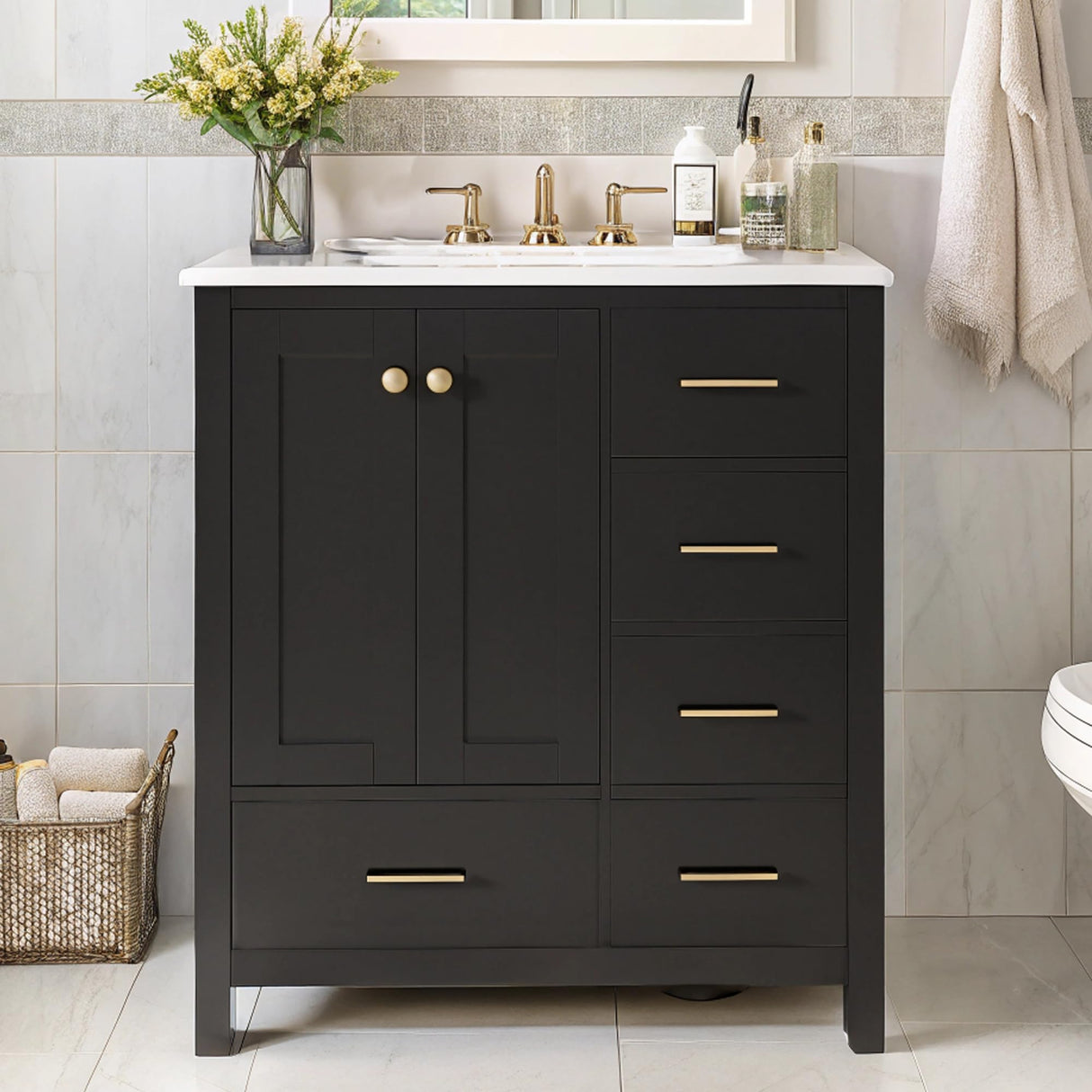 Merax 30" Bathroom Vanity with Sink, Painted Modern Bathroom Vanity Cabinet with 2 Doors and 4 Drawers, Solid Wood Frame, Ceramic Sink Top Merax