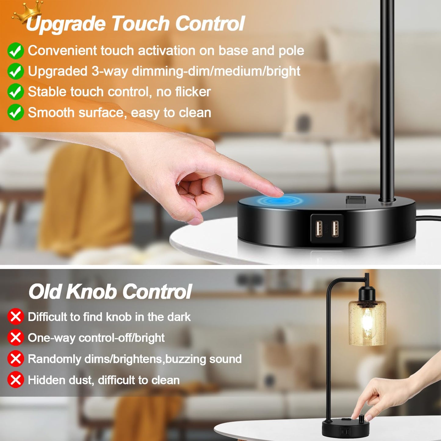 Set of 2 Industrial Touch Control Table Lamps with 2 USB Ports and AC Outlet - 3-Way Dimmable Black Bedside Lamps Nightstand Desk Lamps for Bedroom Living Room, Glass Shade & 2 LED Bulbs Included