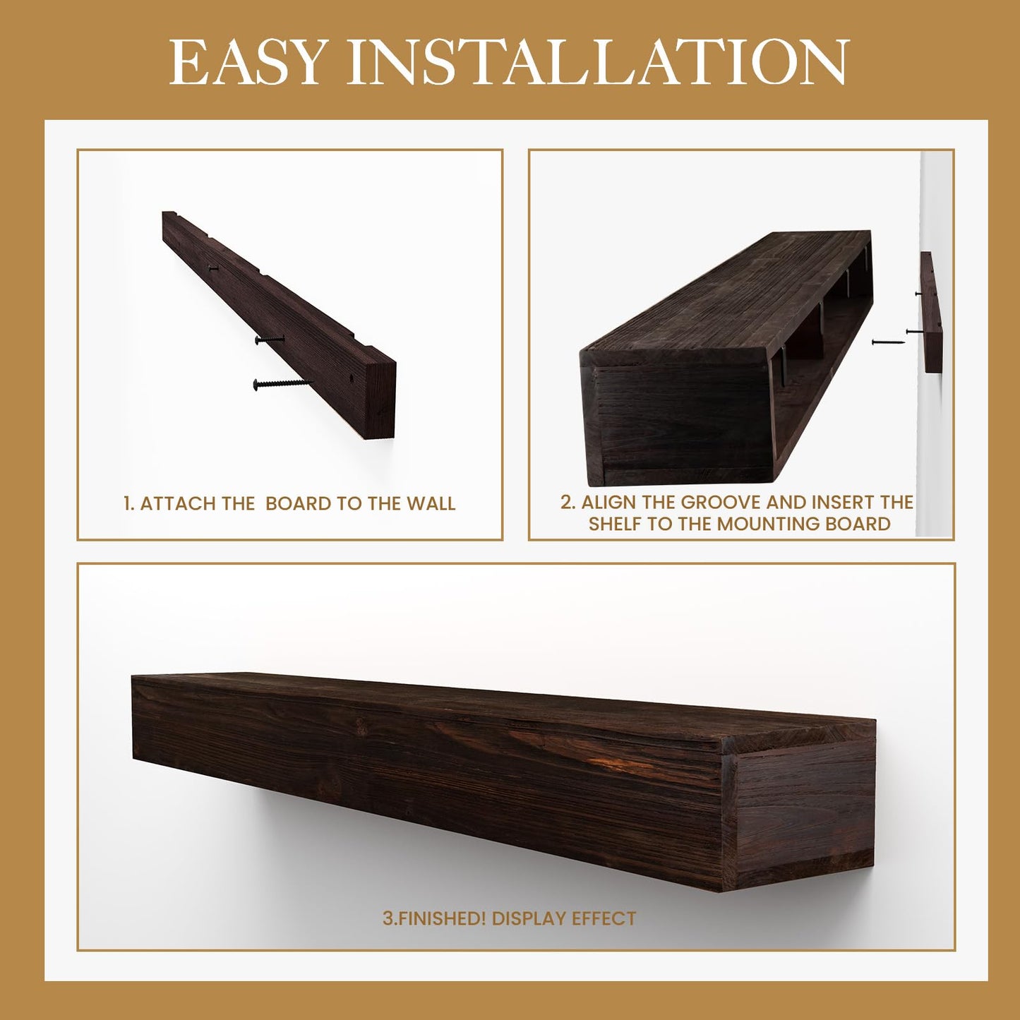 GOLDENPOLEY Fireplace Mantel 48 inches, Floating Fireplace Mantel Shelf for Electric Fireplaces - Rustic Finish with Textured Surface - Easy to Install,48''L x 6''H x 8''D, Dark Walnut