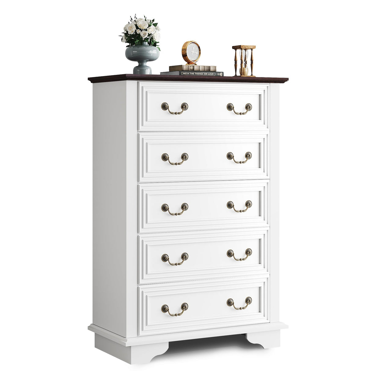 WLIVE Farmhouse Dresser for Bedroom, Wood Dresser with 5 Drawer, Chest of Drawers with Roman Metal Handle for Living Room, White WLIVE