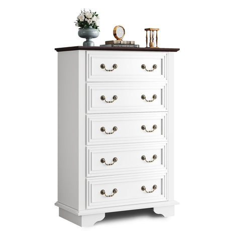 WLIVE Farmhouse Dresser for Bedroom, Wood Dresser with 5 Drawer, Chest of Drawers with Roman Metal Handle for Living Room, White WLIVE