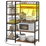 HOOBRO Bakers Rack with Power Outlet, 35.8 Inches Kitchen Microwave Oven Stand Storage Shelf with Goblet Holder, Coffee Bar with LED Lights, and Wire Basket, Rustic Brown and Black BF90UDHB01 HOOBRO