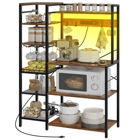 HOOBRO Bakers Rack with Power Outlet, 35.8 Inches Kitchen Microwave Oven Stand Storage Shelf with Goblet Holder, Coffee Bar with LED Lights, and Wire Basket, Rustic Brown and Black BF90UDHB01 HOOBRO