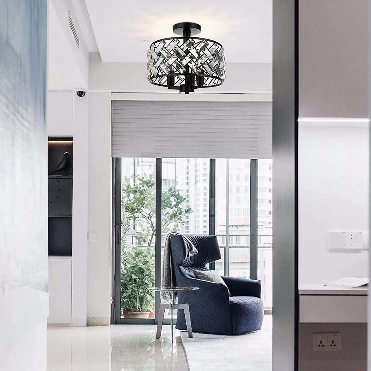 Frideko Home Semi Flush Mount 3-Light Crystal Ceiling Light - Black Kitchen, Bedroom, Hallway, Living Room, Dining Room Light Fixture FRIDEKO HOME
